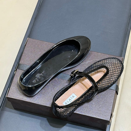 ALAIA 26S MARY JANE BALLET FLATS IN BLACK MESH AND GLOSSY CALFSKIN