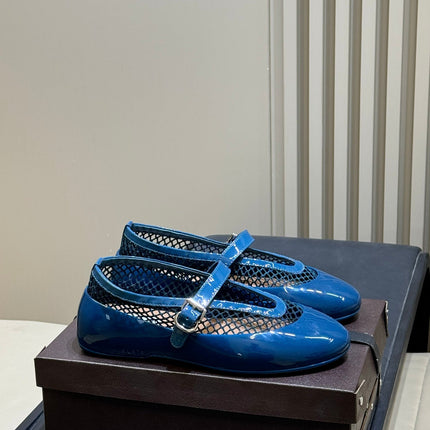 ALAIA 26S MARY JANE BALLET FLATS IN DARK BLUE MESH AND GLOSSY CALFSKIN