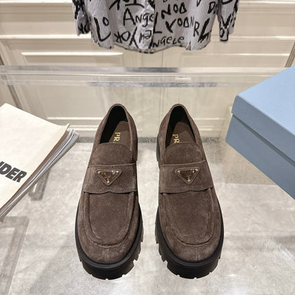 PRADA 26S PLATFORM LOAFERS 45MM IN DARK BROWN SUEDE