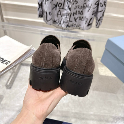PRADA 26S PLATFORM LOAFERS 45MM IN DARK BROWN SUEDE