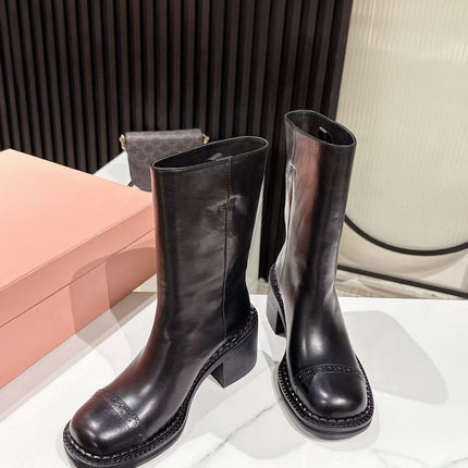 MIUMIU 26S PLATFORM HIGH-HEEL BOOTS 50MM IN BLACK GLOSSY CALFSKIN