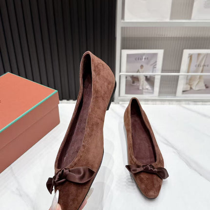 LP 26S BALLERINA FLATS IN DARK BROWN SUEDE & SATIN BOW