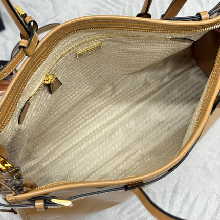 PRADA 25S LUX SOFT BAG 42 IN CARAMEL GLOSSY CALFSKIN GOLD HARDWARE