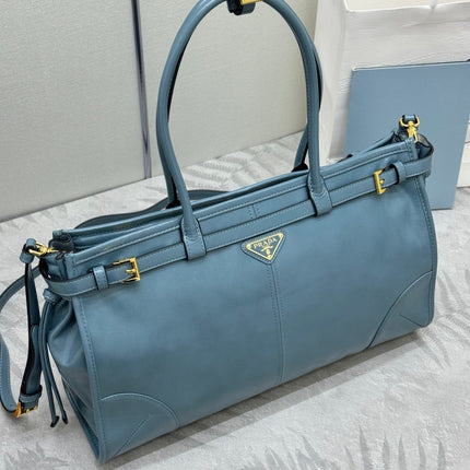 PRADA 25S BONNIE LARGE HANDBAG 38 IN LIGHT BLUE GLOSSY CALFSKIN GOLD HARDWARE