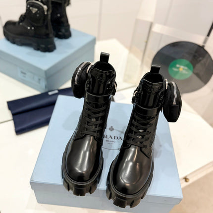 PRA MONOLITH BRUSHED AND RE-NYLON BOOTS WITH POUCH TWINKLE BLACK CALFSKIN