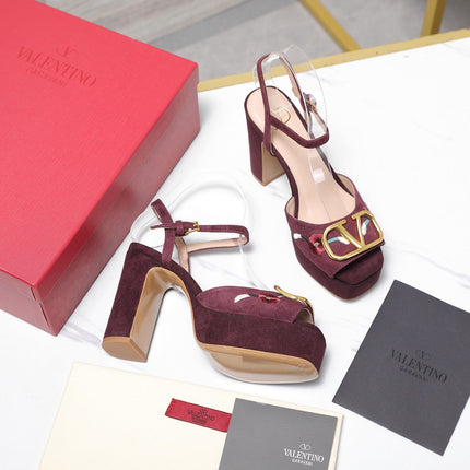 VALENTINO 25S GARAVANI VLOGO SIGNATURE HIGH-HEEL SANDALS 110 MM IN DARK RED SUEDE