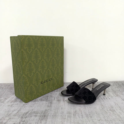GUCCI 26S MULE SANDALS 55MM IN BLACK VELVET GG EMBOSSED