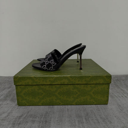 GUCCI 26S MULE SANDALS 85MM IN BLACK SATIN CRYSTAL GG