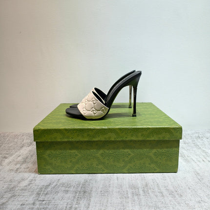 GUCCI 26S MULE SANDALS 110MM IN WHITE CALFSKIN GG EMBOSSED