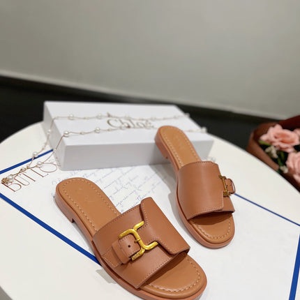 MARCIE SLIDE IN BRONZE BROWN CALFSKIN WITH GOLD HARDWARE