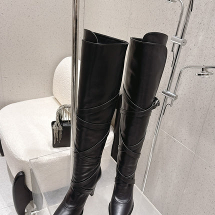 YSL 26S JANIS KNEE-HIGH BOOTS 90 MM IN BLACK SUEDE