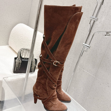 YSL 26S JANIS KNEE-HIGH BOOTS 90 MM IN BROWN SUEDE