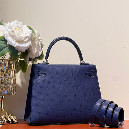 KELLY SELLIER 25 BAG IN NAVY BLUE OSTRICH LEATHER WITH SILVER HARDWARE