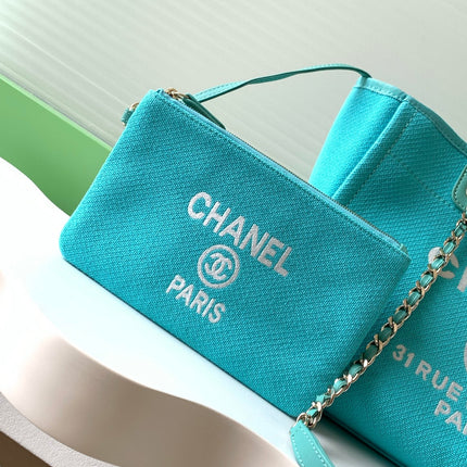 CHANEL 25S TOTE BAG 33 IN TURQUOISE BLUE CANVAS