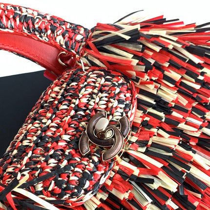 CHANEL 26S SMALL FRINGE KELLY 19 IN RED MULTICOLOR RAFFIA WOOD