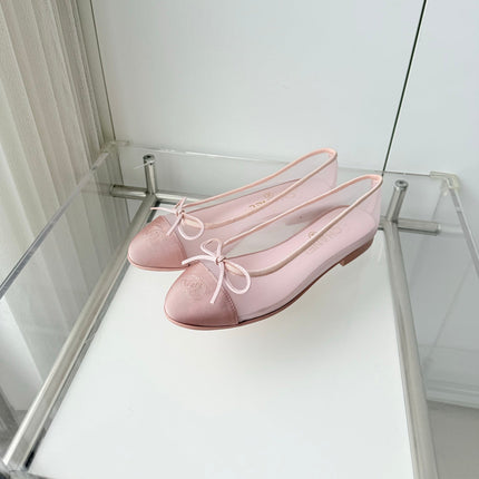 CHANEL 26S BALLET FLATS IN LIGHT PINK MESH TOE CAP AND BOW