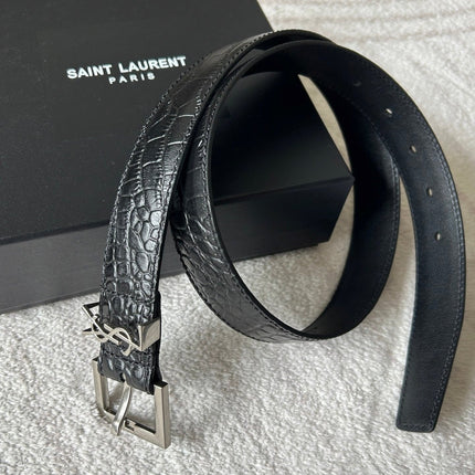 YSL 25S BELT 30 MM IN BLACK CROCODILE-EMBOSSED LEATHER 543666