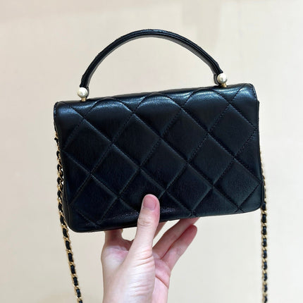 PEARL LIMITED EDITION FLAP BAG WITH HANDLE 20 IN BLACK LAMBSKIN