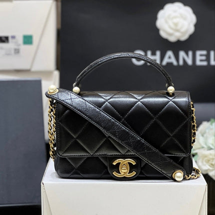 CC MINI TOP HANDLE FLAP BAG 20 IN BLACK CALFSKIN