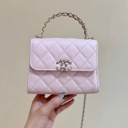 QUILTED MINI FLAP BAG WITH HANDLE 14 IN BABY PINK LAMBSKIN GOLD PLATED METAL