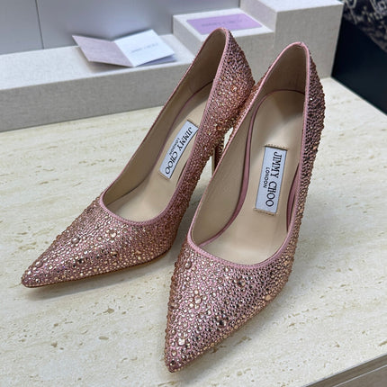 JIMMY CHOO 26S HIGH HEELS 95 MM IN PINK ROSE GOLD CRYSTAL-EMBELLISHED