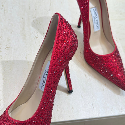 JIMMY CHOO 26S HIGH HEELS 95 MM IN RED CRYSTAL-EMBELLISHED