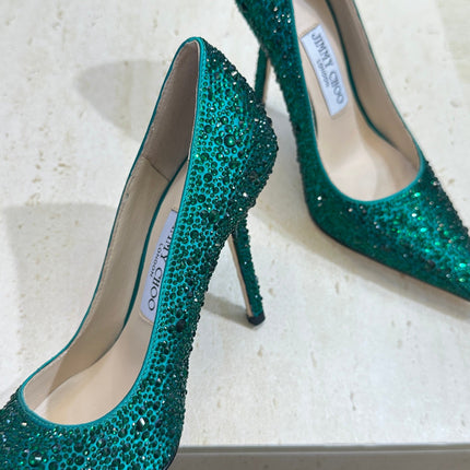JIMMY CHOO 26S HIGH HEELS 95 MM IN GREEN CRYSTAL-EMBELLISHED