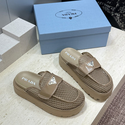 PRADA 26S MULE LOAFERS IN BROWN MESH AND CALFSKIN