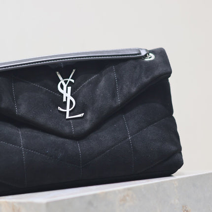 YSL 25S LOULOU PUFFER MM 29 IN BLACK SUEDE SILVER HARDWARE