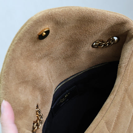 YSL 25S LOULOU PUFFER MINI 23 IN TAN BROWN SUEDE GOLD HARDWARE
