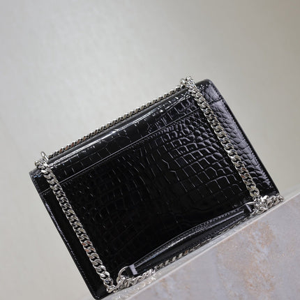 YSL 25S SUNSET MEDIUM 22 IN BLACK CROCODILE-EMBOSSED SHINY CALFSKIN SILVER HARDWARE