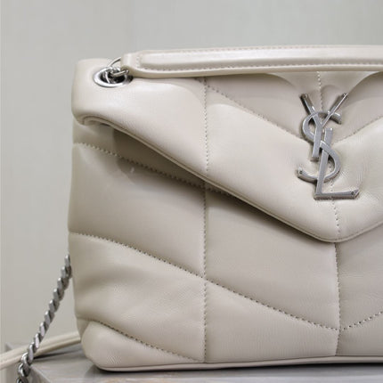 YSL 25S LOULOU PUFFER MM 29 IN SMOKEY TAUPE CALFSKIN SILVER HARDWARE