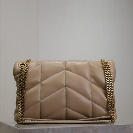 YSL 25S LOULOU PUFFER MM 29 IN BROWN CALFSKIN GOLD HARDWARE