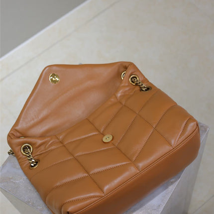 YSL 25S LOULOU PUFFER MM 29 IN CARAMEL CALFSKIN GOLD HARDWARE