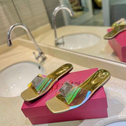 VALENTINO 26S FLAT SLIDES IN GOLD LAMBSKIN WITH CRYSTAL STYLE 3