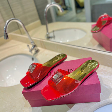 VALENTINO 26S FLAT SLIDES IN RED MIX GOLD LAMBSKIN WITH CRYSTAL