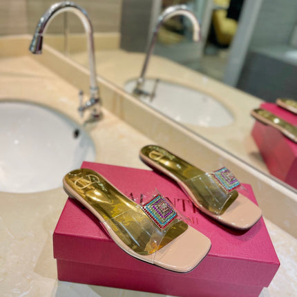 VALENTINO 26S FLAT SLIDES IN NUDE MIX GOLD LAMBSKIN WITH CRYSTAL