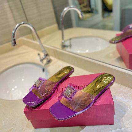 VALENTINO 26S FLAT SLIDES IN PURPLE MIX GOLD LAMBSKIN WITH CRYSTAL