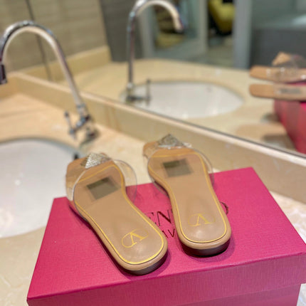 VALENTINO 26S FLAT SLIDES IN BEIGE LAMBSKIN WITH CRYSTAL