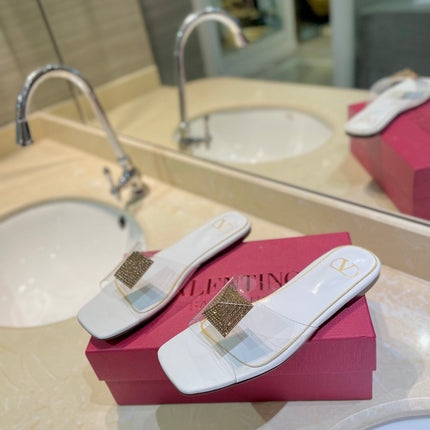 VALENTINO 26S FLAT SLIDES IN WHITE LAMBSKIN WITH CRYSTAL