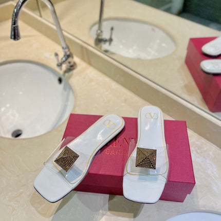 VALENTINO 26S FLAT SLIDES IN WHITE LAMBSKIN WITH CRYSTAL
