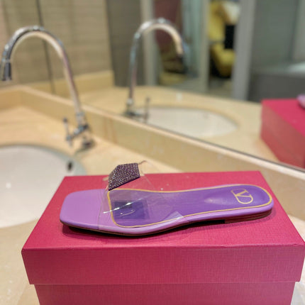 VALENTINO 26S FLAT SLIDES IN PURPLE LAMBSKIN WITH CRYSTAL