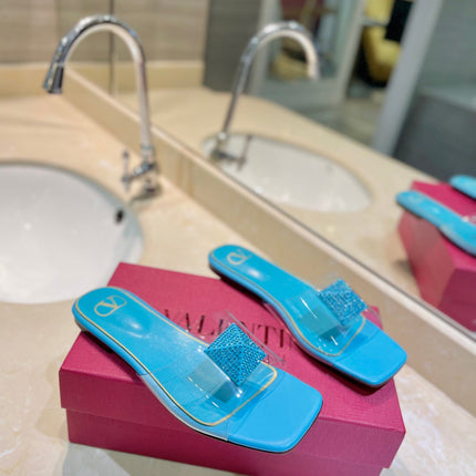 VALENTINO 26S FLAT SLIDES IN LIGHT BLUE LAMBSKIN WITH CRYSTAL