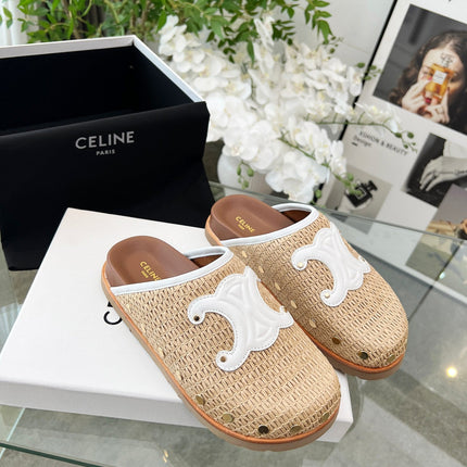 CELINE 26S TRIOMPHE MULES IN BEIGE RAFFIA AND WHITE CALFSKIN