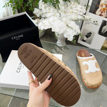 CELINE 26S TRIOMPHE MULES IN BEIGE RAFFIA AND WHITE CALFSKIN