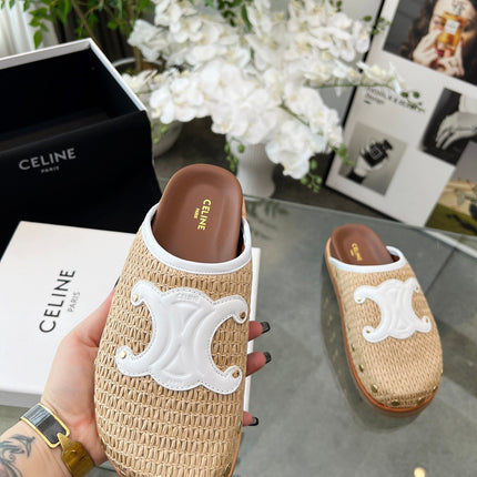 CELINE 26S TRIOMPHE MULES IN BEIGE RAFFIA AND WHITE CALFSKIN