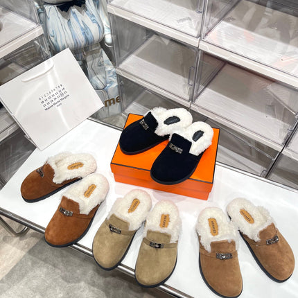 SLIP-ON MULE IN MEDIUM BROWN SUEDE AND SHEARLING LINING
