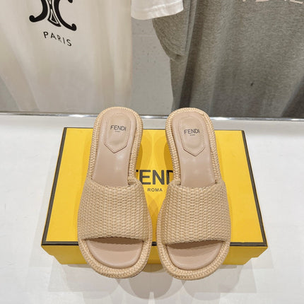 FENDI FFOLD MEDIUM-HEEL SANDALS 45 MM IN TUSCAN BEIGE COTTON FIBRE