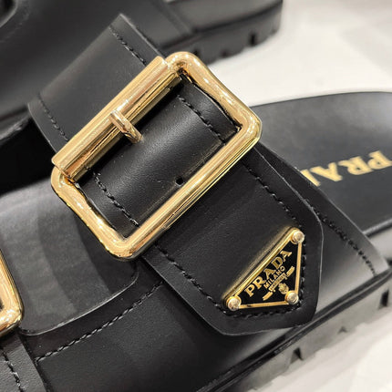 PRA STRAP SLIDES SANDALS BLACK CALFSKIN