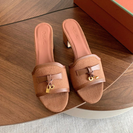 LP 26S SUMMER MULE HEELS 60MM IN DUSTY ROSE BROWN CANVAS AND CALFSKIN GOLD HARDWARE